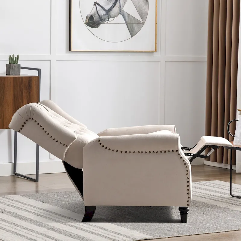 Push Back Recliner with Tufted Back and Wooden Legs
