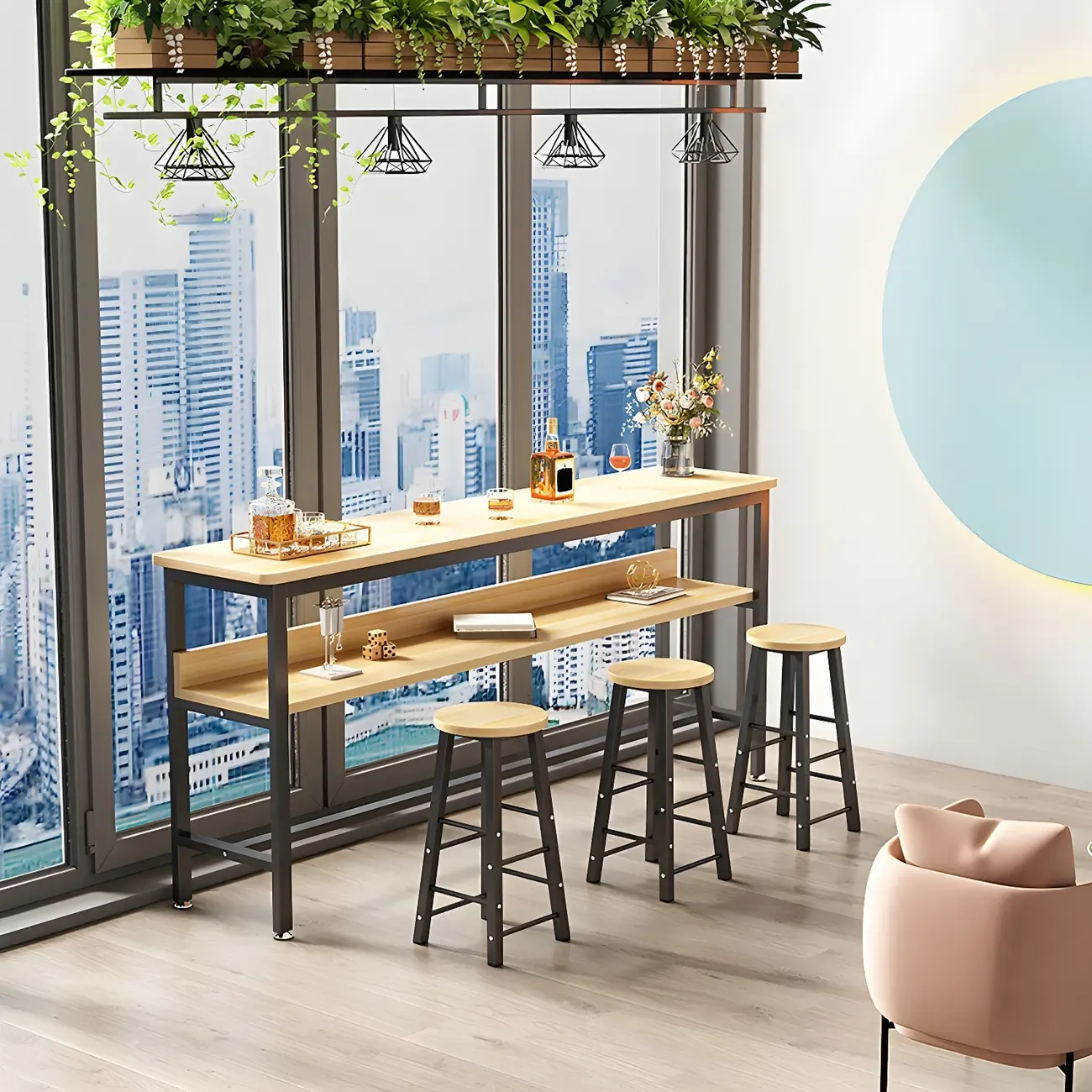 Modern Wooden Metal Base Shelf Bar Table with Footrest