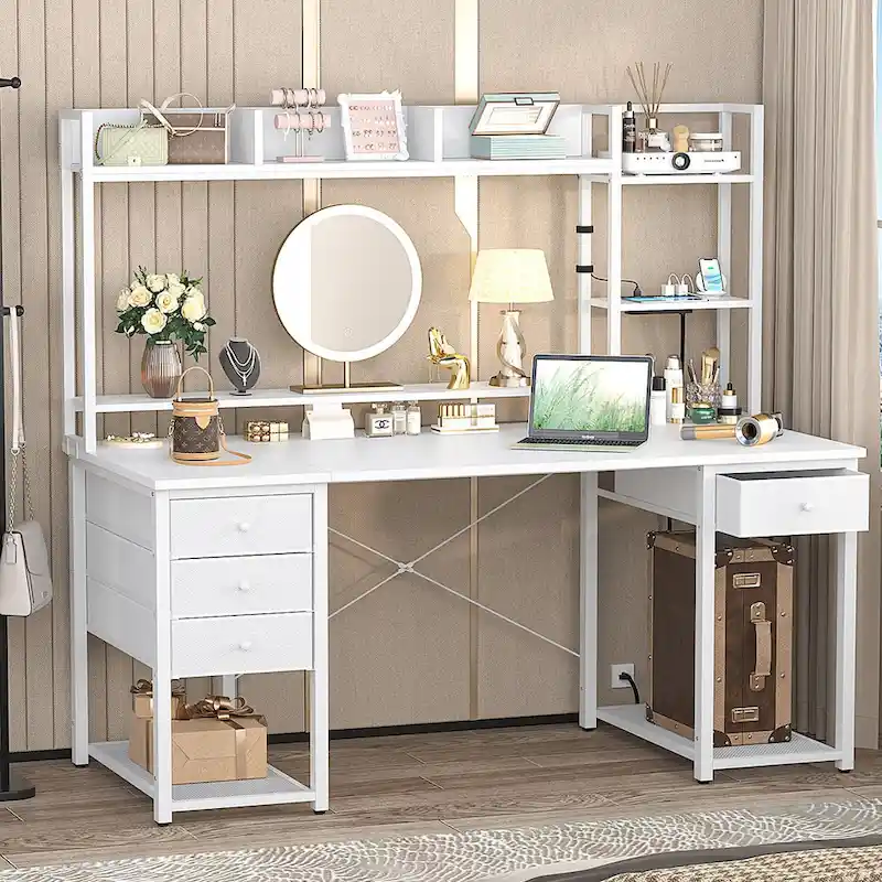 Gaming Desk with Hutch and Drawers, Office Computer Desk with Charge Station and LED Light