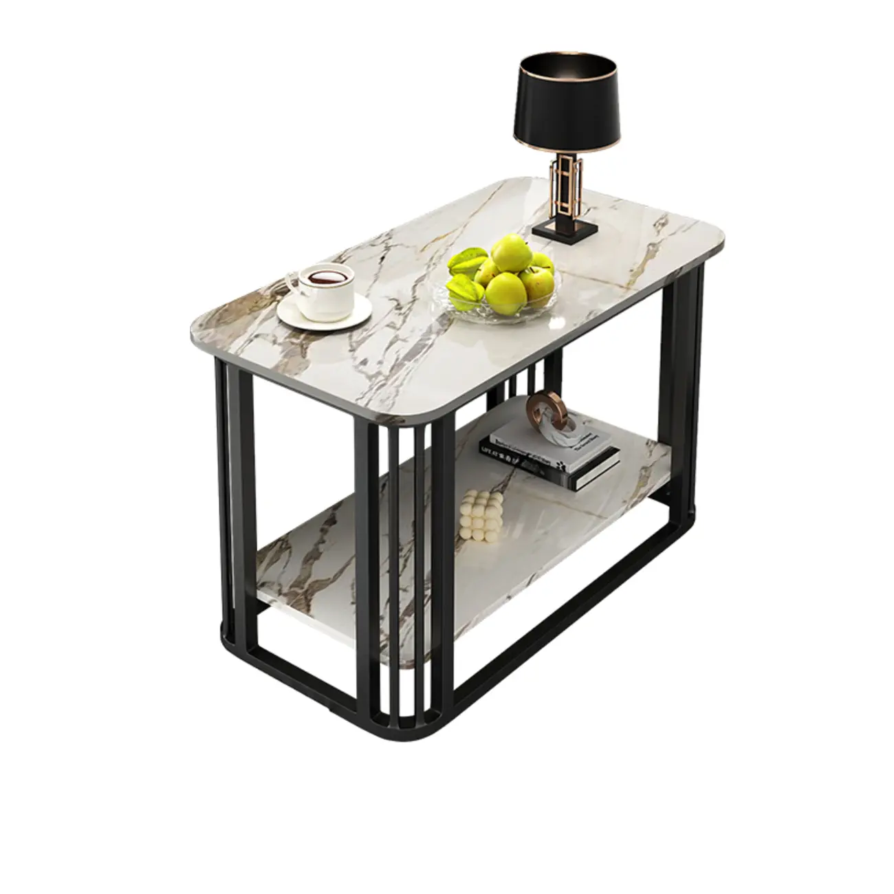 Luxury Rectangular Gold 2-Tier Coffee Table with Stone Top