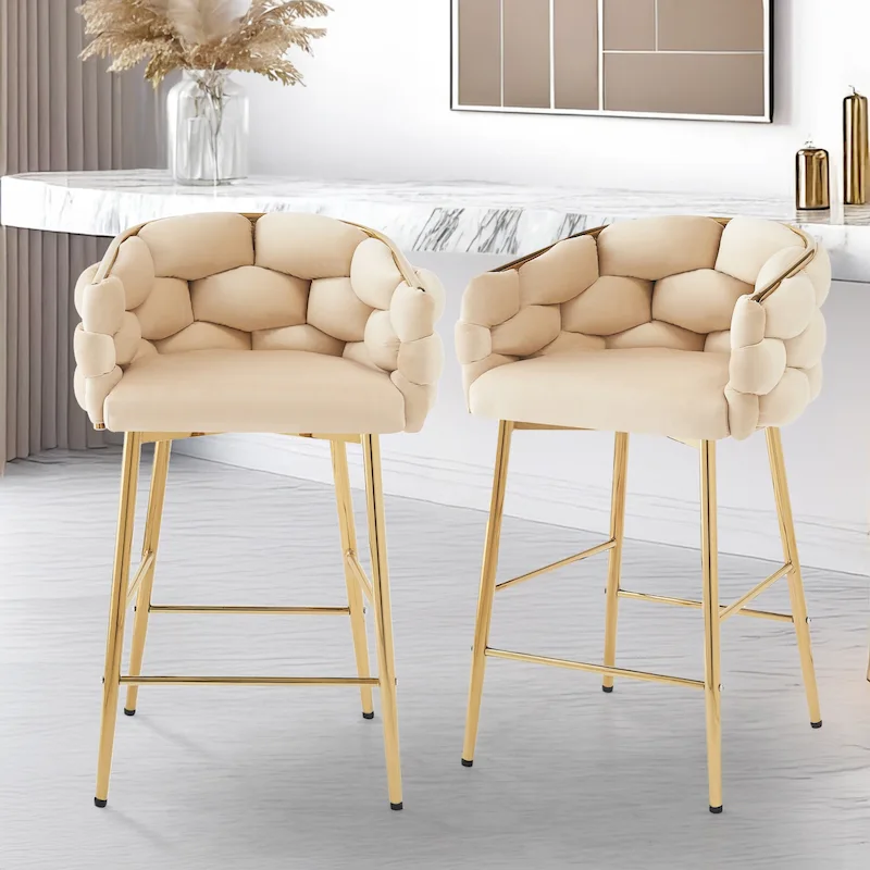 Set of 2 Bar Stools with Velvet Padded Seat and Metal Legs