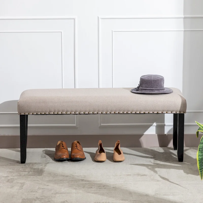 Modern 44 L Nailhead Trim Upholstered Bench with Wood Legs