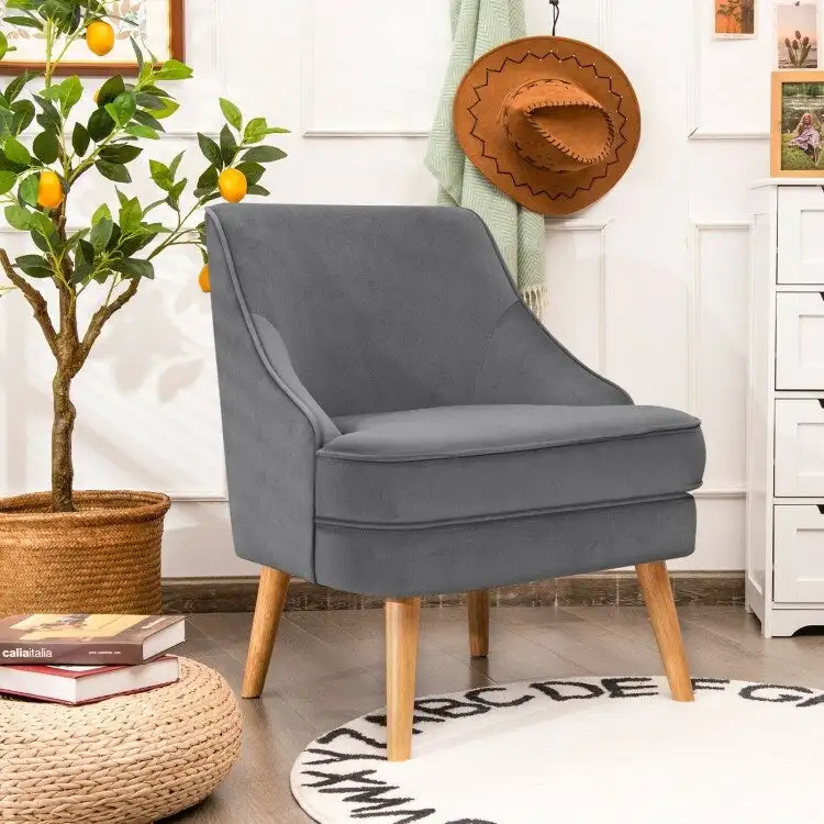 Velvet Upholstered Accent Chair with Rubber Wood Legs - 27 x 25 x 30 (L x W x H)