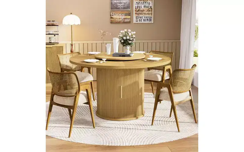 Natural Brown Round Pedestal Dining Table, Seats 6