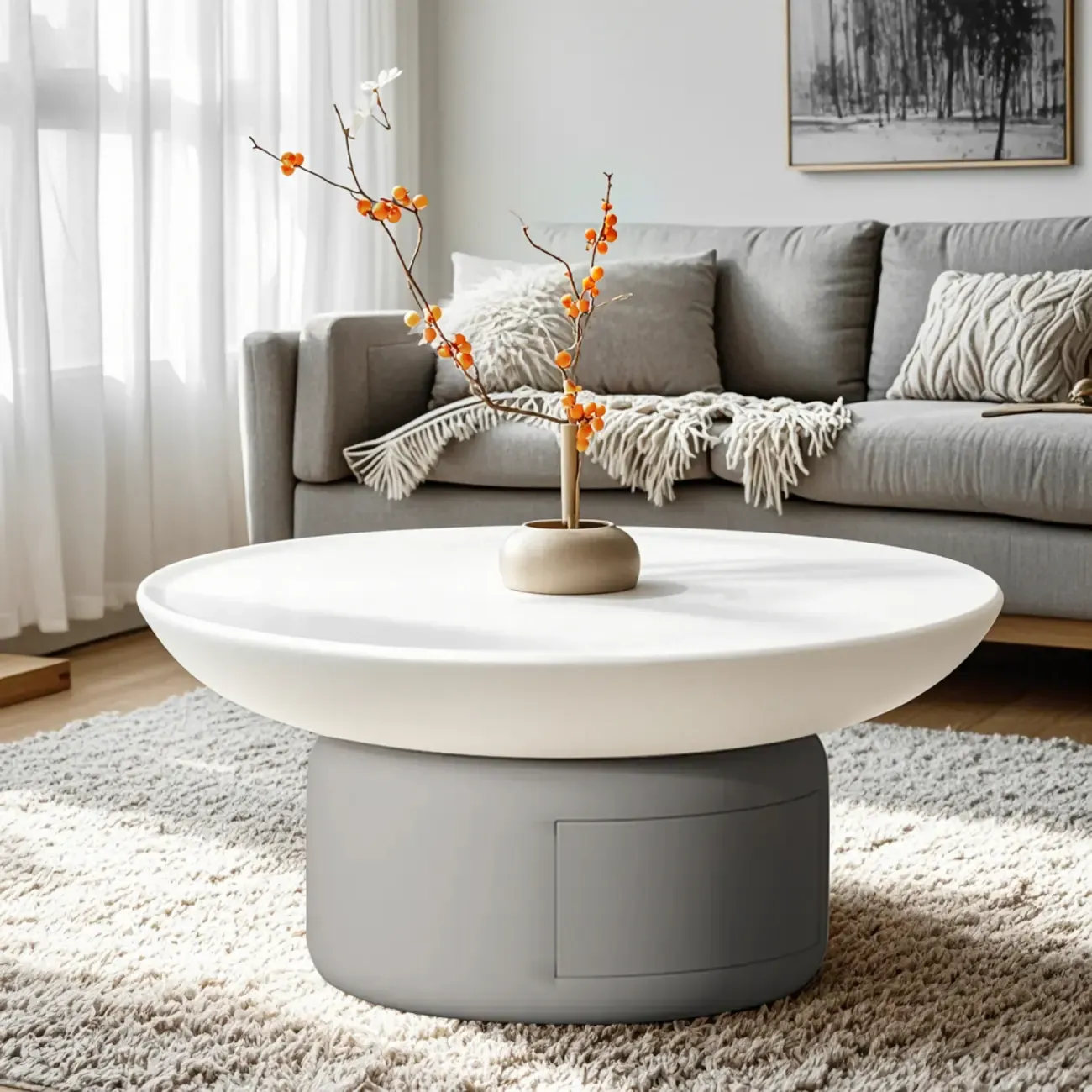 Gray White Round Minimal Wood Coffee Table with Drawer