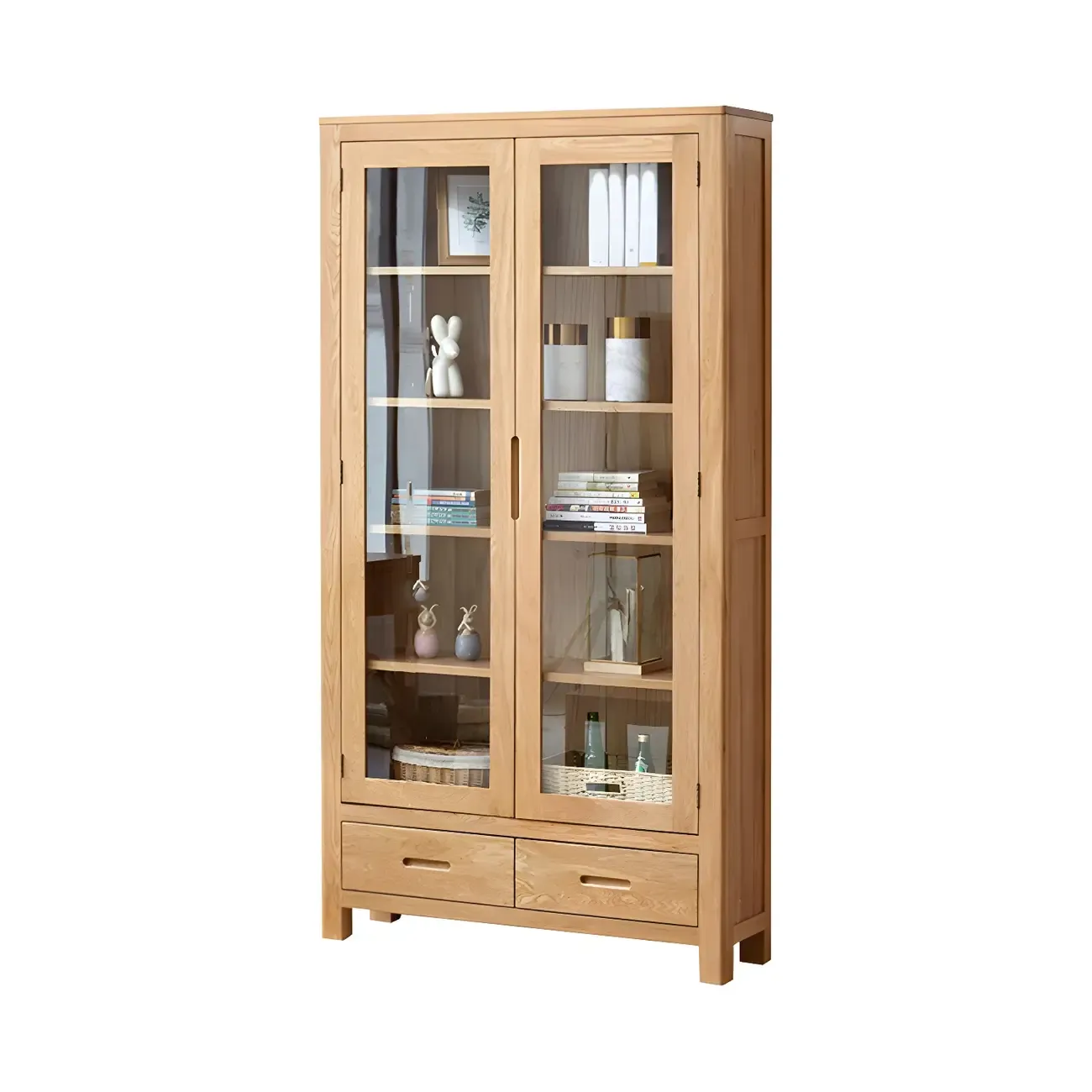 2-Drawer Natural Wood Display Cabinet Adjustable Shelves