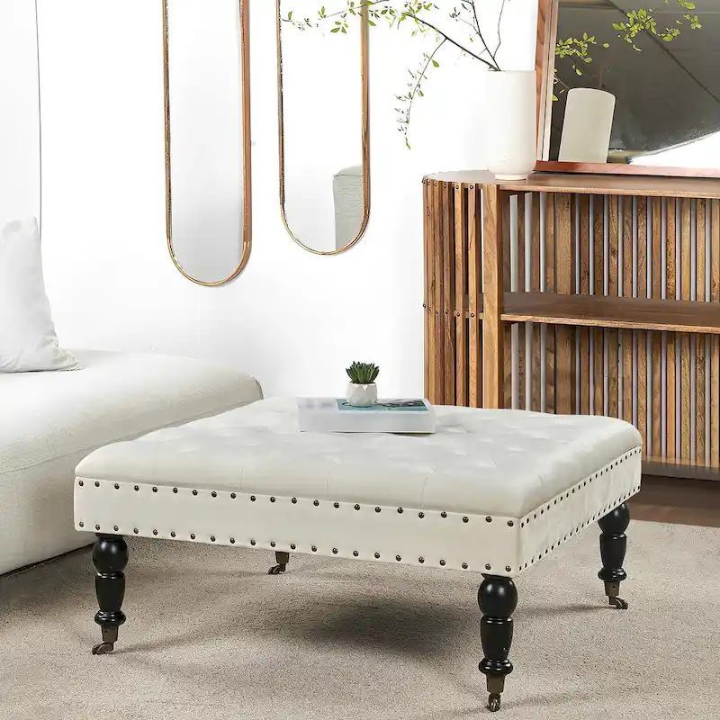 Button-Tufted Round Ottoman – 33 x 33 x 18 Inch