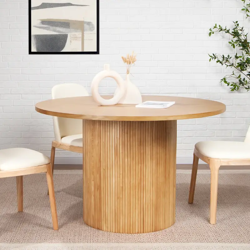 Round Fluted Pedestal Dining Table for 2-6 People - Black/Natural Oak