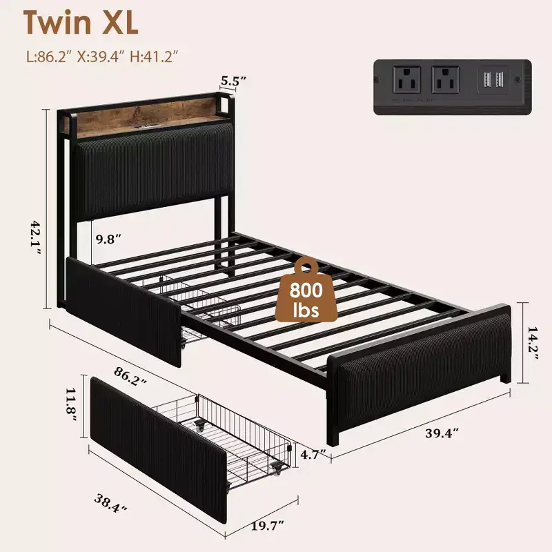 Twin XL Upholstered Platform Bed Frame with Storage, Black, 1-Person