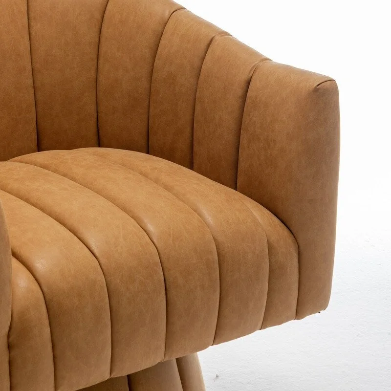 SEYNAR Mid-Century Swivel PU Leather Tufted Round Accent Barrel Chair