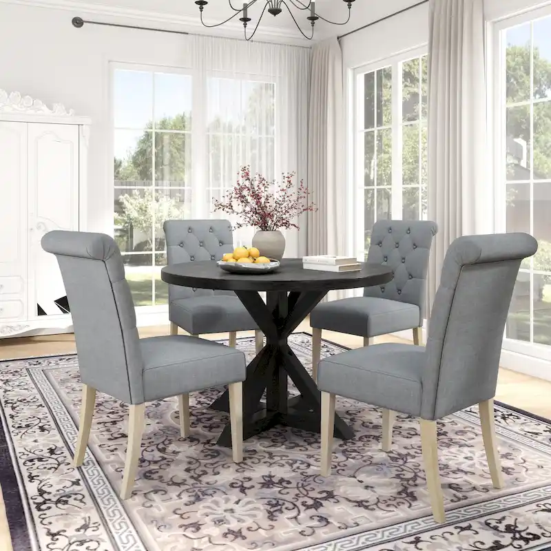 5 Piece Dining Table Set, Wooden Kitchen Furniture Set, Round Table with Cross-Buck Pedestal Base and 4 Tufted Chairs