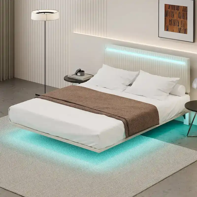 Modern King Size Bed Frame with LED Lights, Remote Control for Different Light Colors, Sensor Lights, No Box Spring Needed