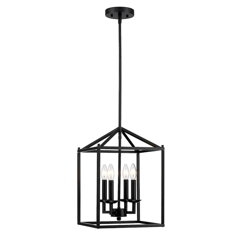 4-light pendant with black finish and steel cage shade