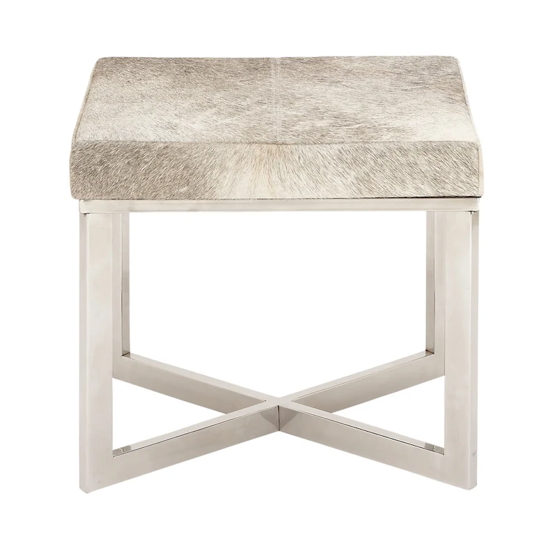 Leather Cowhide Stool with Silver Stainless Steel Base - Gray - Roche River Decor