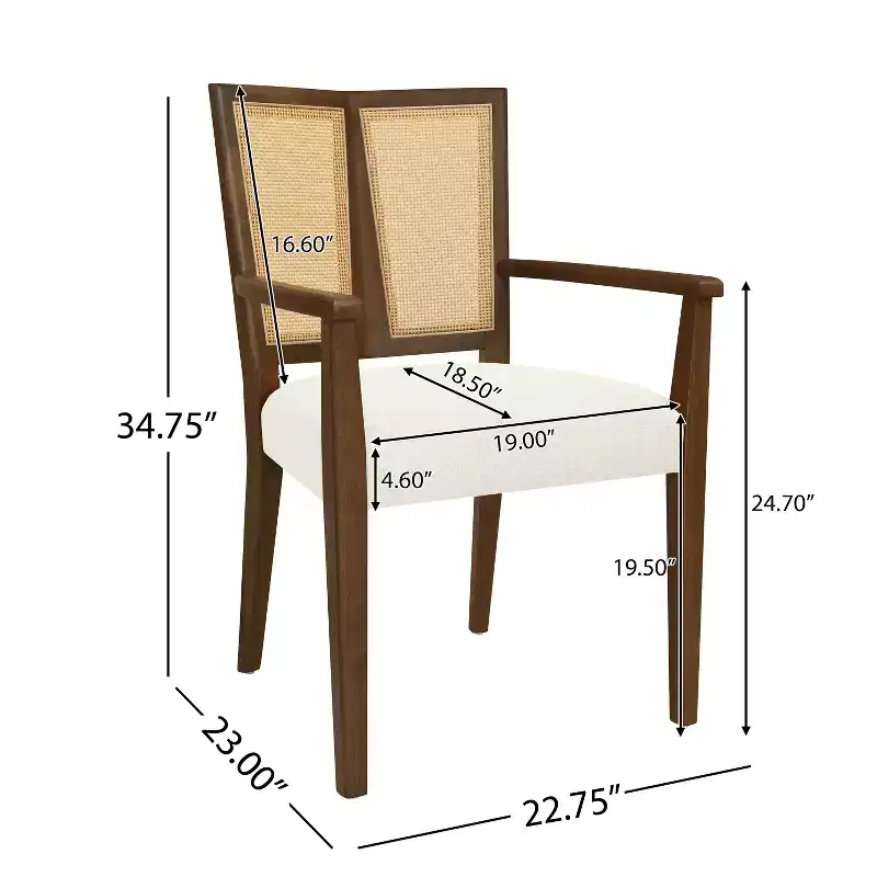 Beige/Dark Brown Upholstered Dining Arm Chairs with Rattan Back, Set of 2