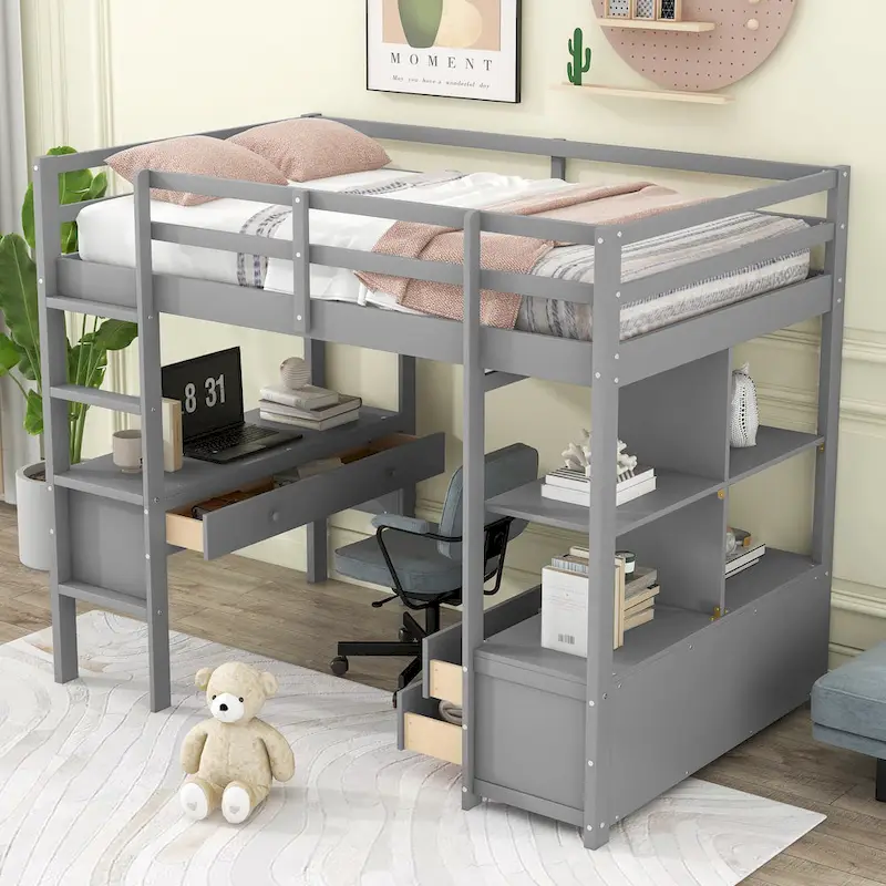 Nestfair Wooden Loft Bed with Built-in Desk and Two Drawers
