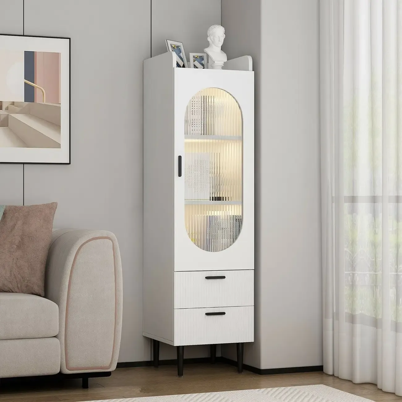 Modern White Wood Glass Storage Cabinet with Tray Top