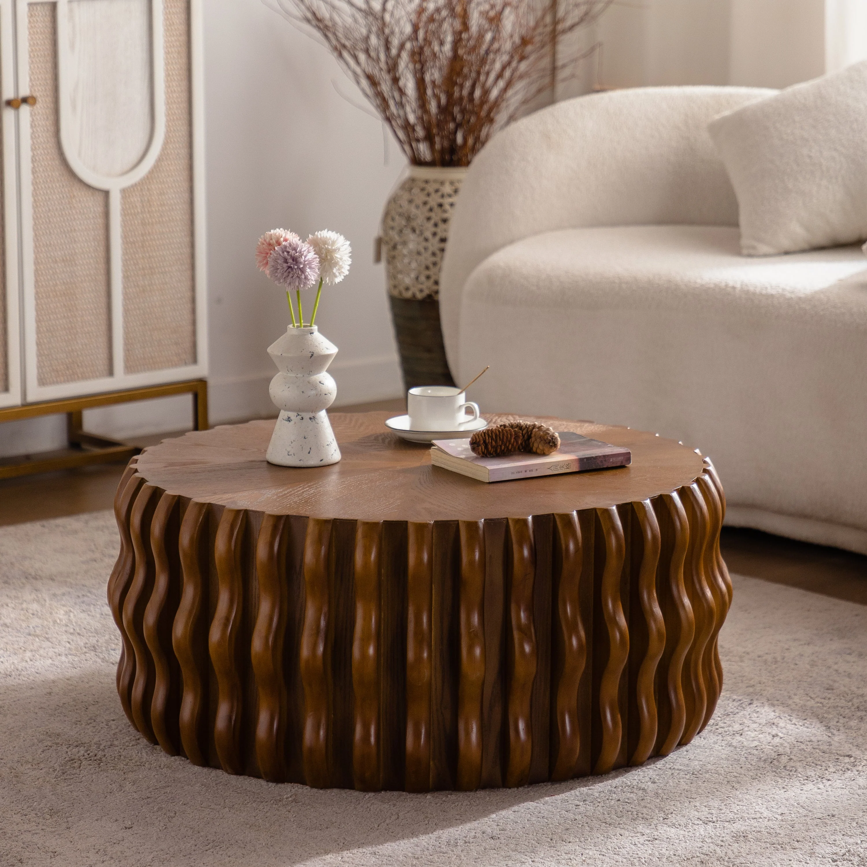 Walker Edison | Mid Century Drum Fluted Modern Round Coffee Table