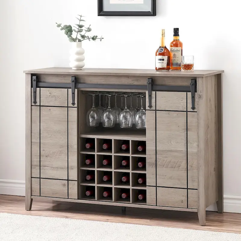 Farmhouse 47 Wine Bar Cabinet Buffet Sideboard Cabinet with 16 Bottle Wine Rack - 15.7D x 47.2W x 34.61H
