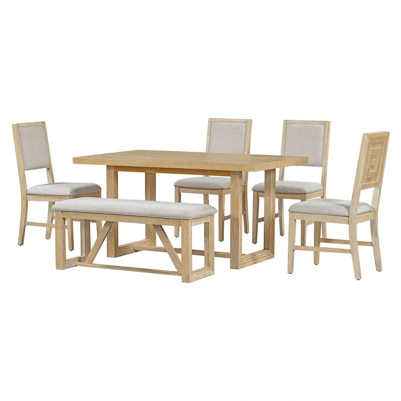 6 Piece Dining Table Chair Set, Wooden Kitchen Furniture Set with Acacia Wood Rectangular Table, 4 Chairs and 1 Bench