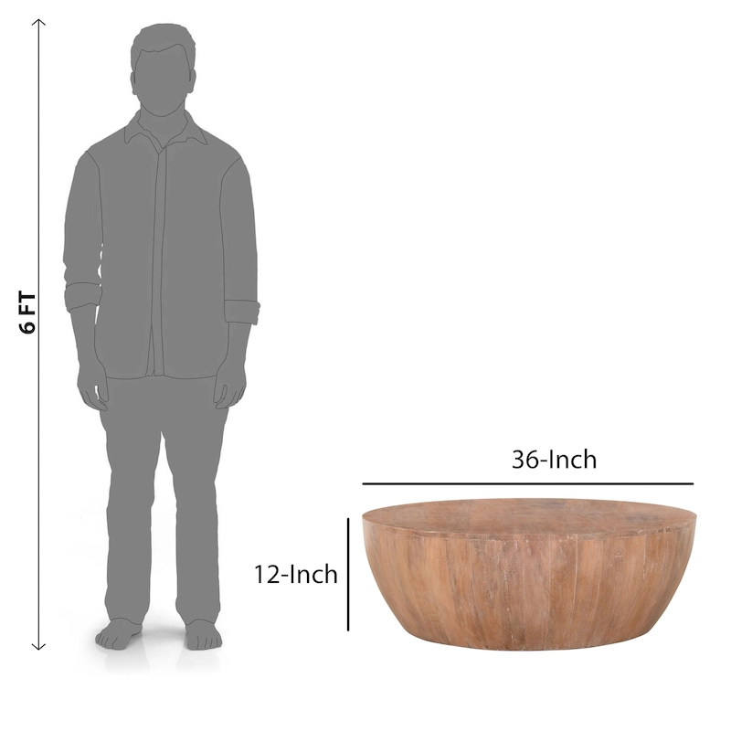 Arthur Drum Shape Wooden Coffee Table with Plank Design Base, Distressed Brown