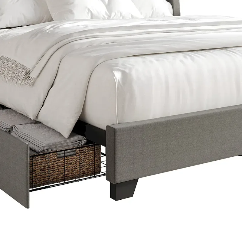 Elegant Chrome Nailhead Wingback Upholstered Bed with Drawers