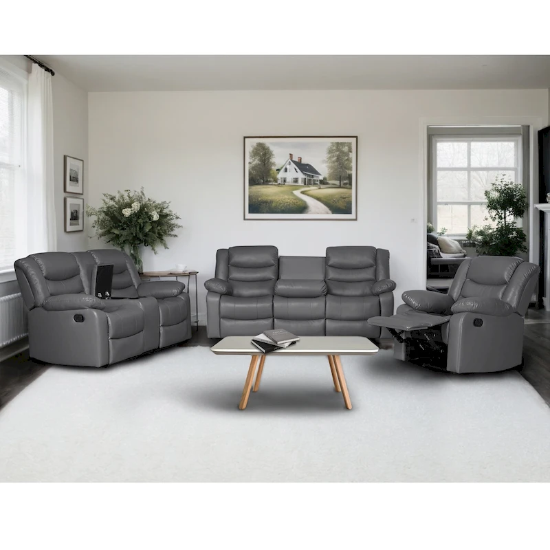Manual Reclining 3-Piece Living Room Sofa Set - Sofa with Dropdown Table, Loveseat with Console, and Recliner