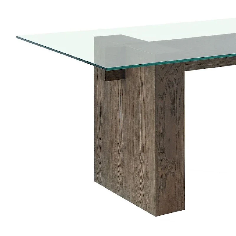 Lan 80 Inch Dining Table, Glass Top, Wood Double Pedestal, 6 Seater, Brown