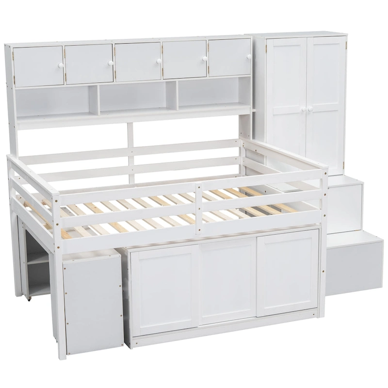 Full Size Wooden Loft Bed Big Storage with Under-bed Desk, with Drawers, with Shelves