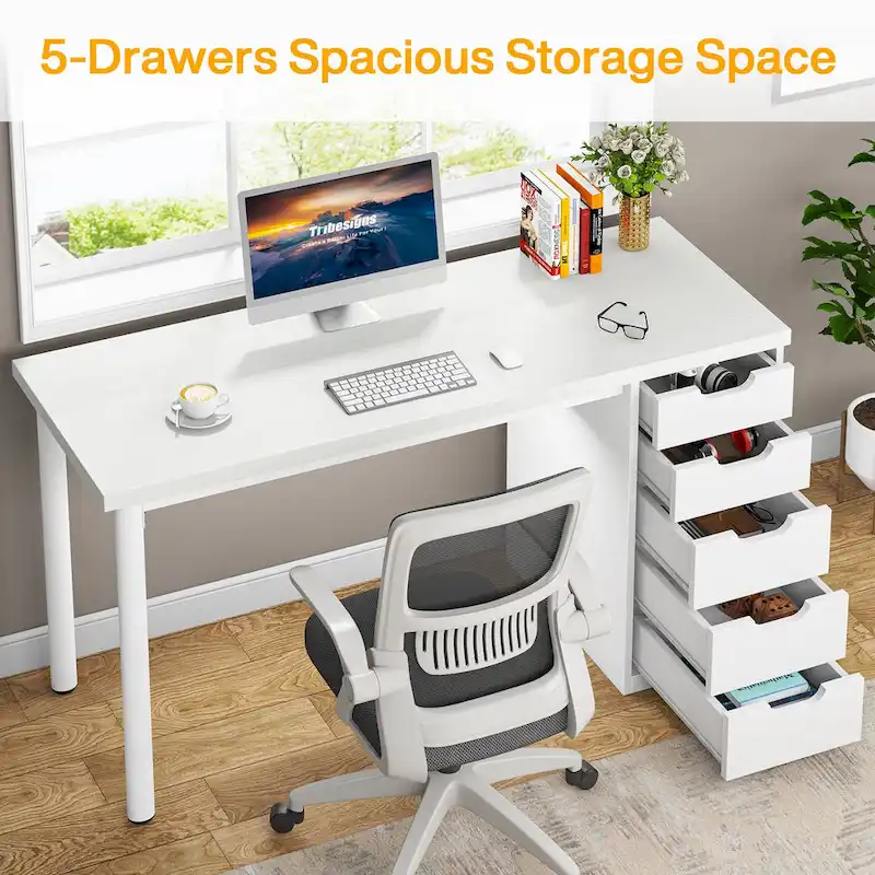 Modern Simple Computer Desk Study Writing Table with 5 Drawers