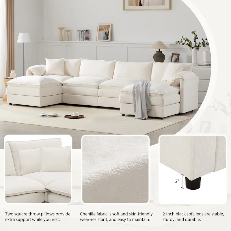 136 U-Shaped Chenille Cloud Sectional Sofa with Dual Ottomans