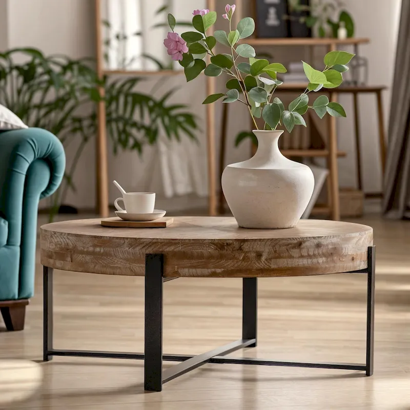 33.86 Modern Retro Splicing Wooden Round Coffee Table with Cross Legs Base