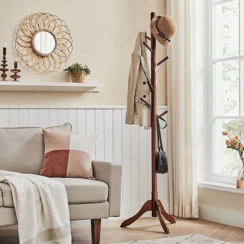 Solid Wood Modern Coat Rack, 8 Hooks, 53 lb Capacity, Adjustable 3-Section Design with Triangular Base