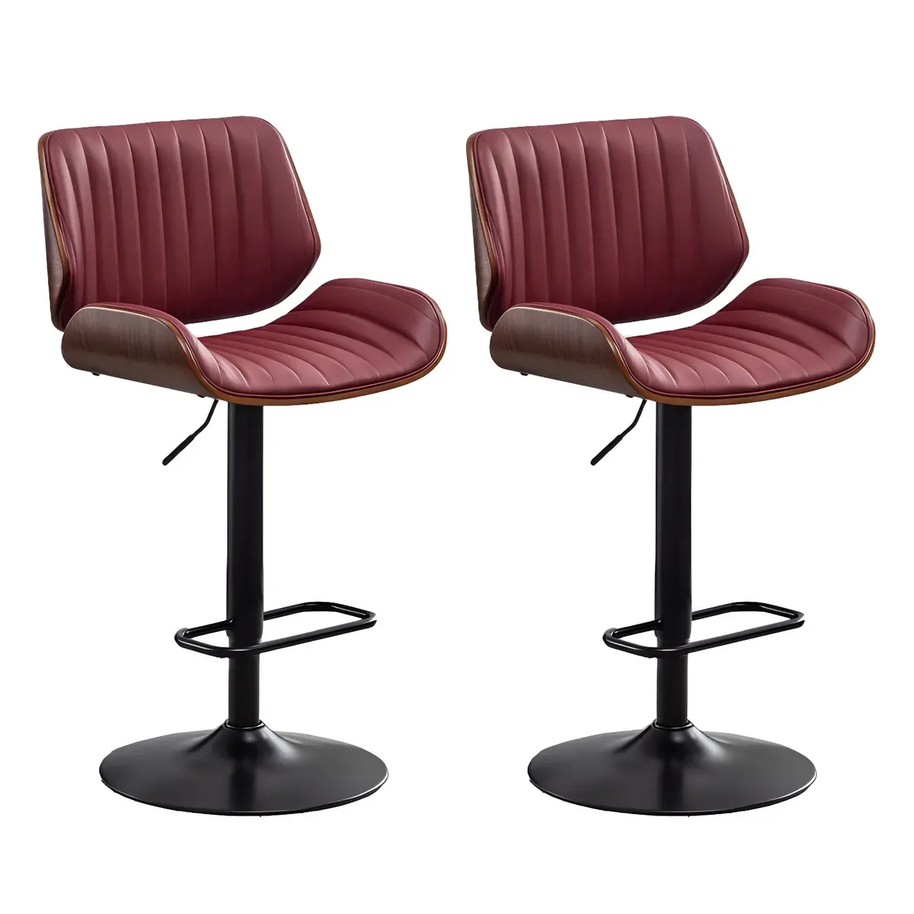 Elegant Wood Leather Red Swivel Adjustable Bar Stool