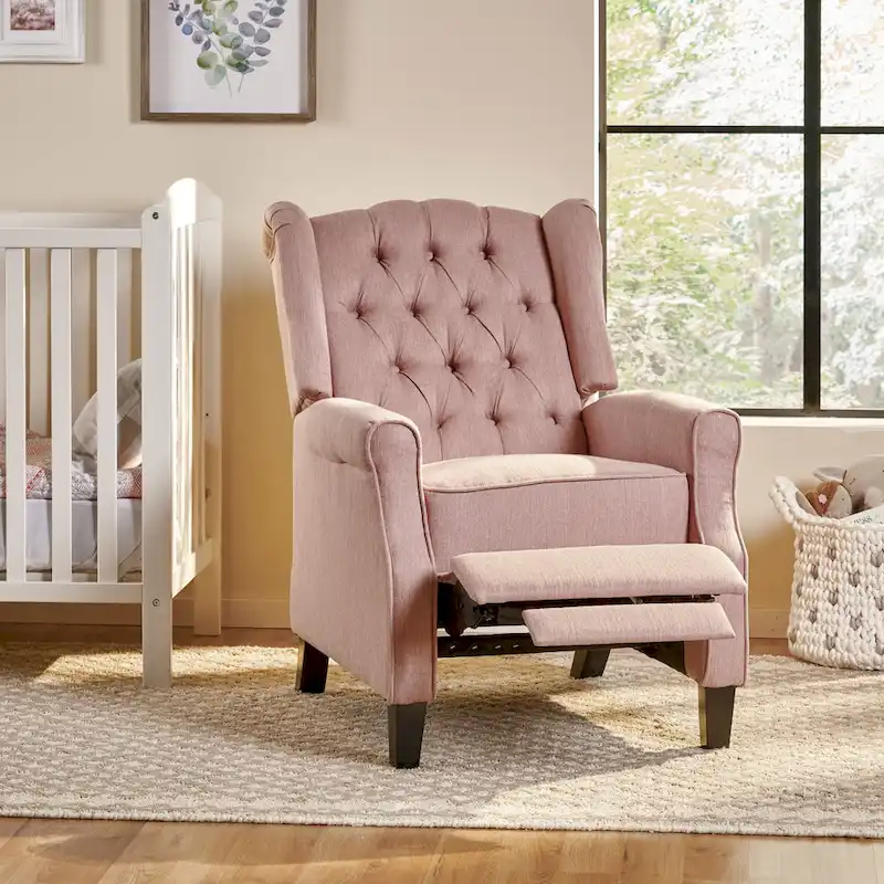 Modern Wingback Push-Back Recliner with Footrest, Button-tufted, Birch Legs