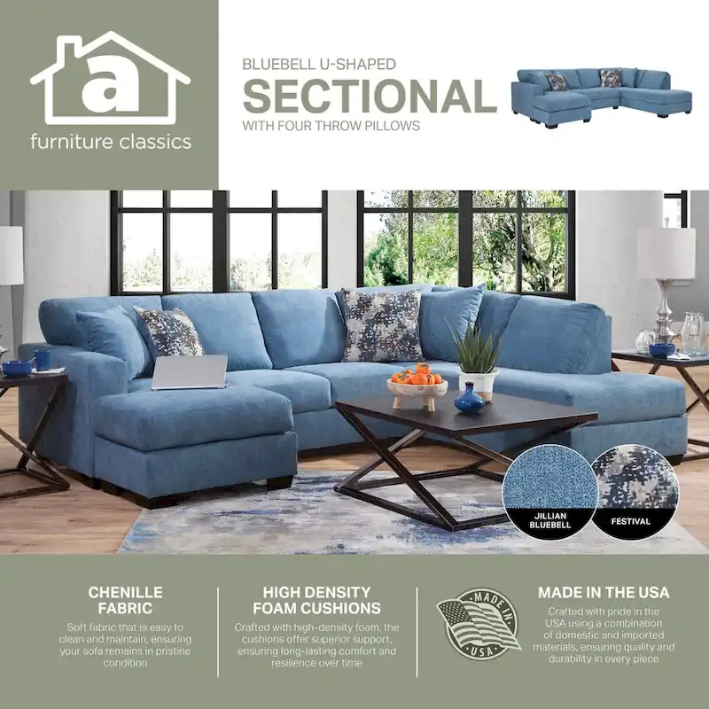 American Furniture Classics Bluebell Model A414V5-K2 U Shaped Sectional with 4 Throw Pillows