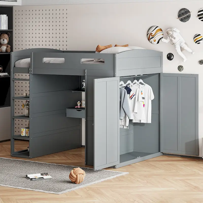 Loft Bed with Desk, Wardrobes, 4 Drawers and 4 Shelves
