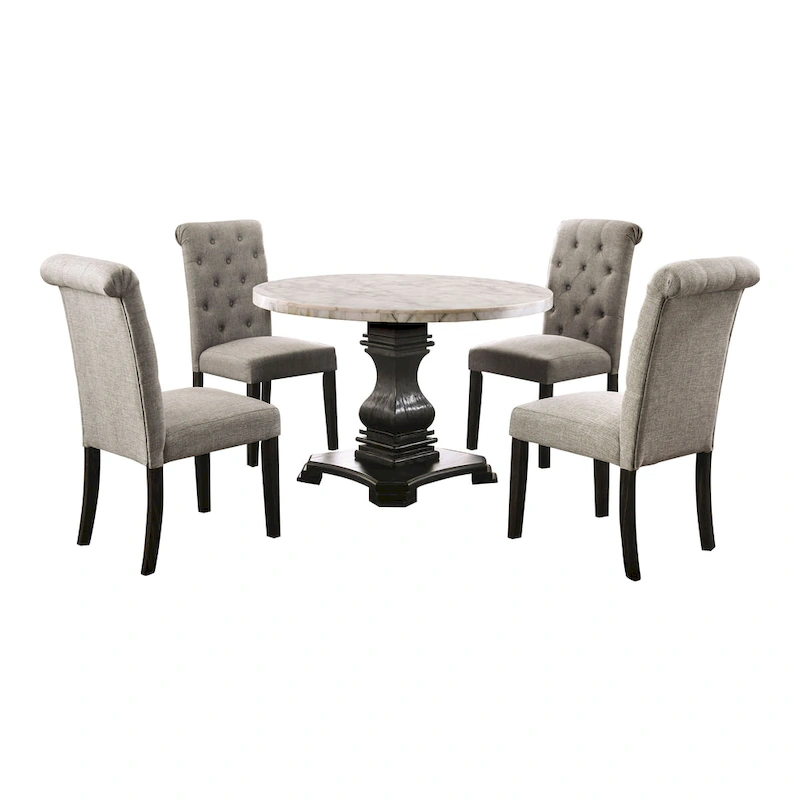 Brec Farmhouse Marble Top 5-Piece Round Dining Table Set with Tufted Chairs by Furniture of America
