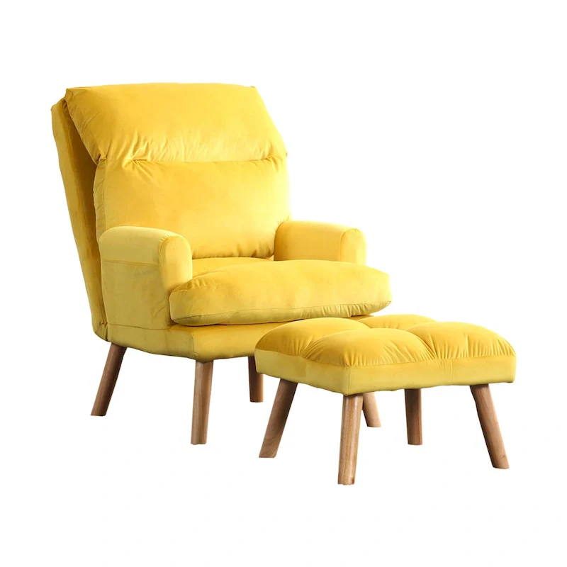 Nina 28 Inch 2 Piece Accent Chair and Ottoman Set, Splayed Legs, Yellow