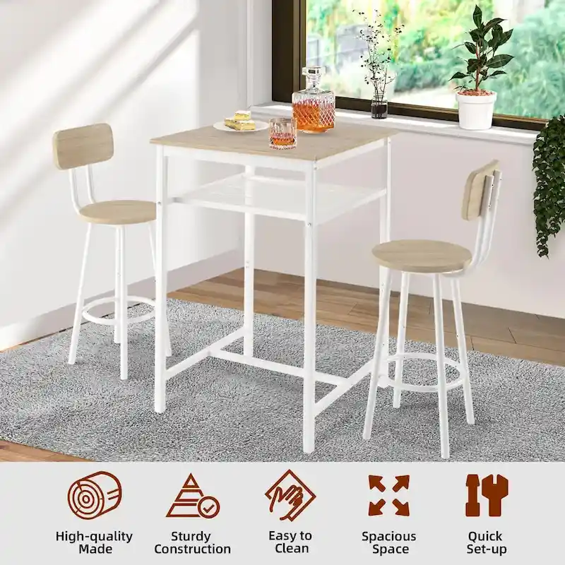 3-Piece Bar Table Set with Metal Shelf,Small Pub Table Set,Dining Set