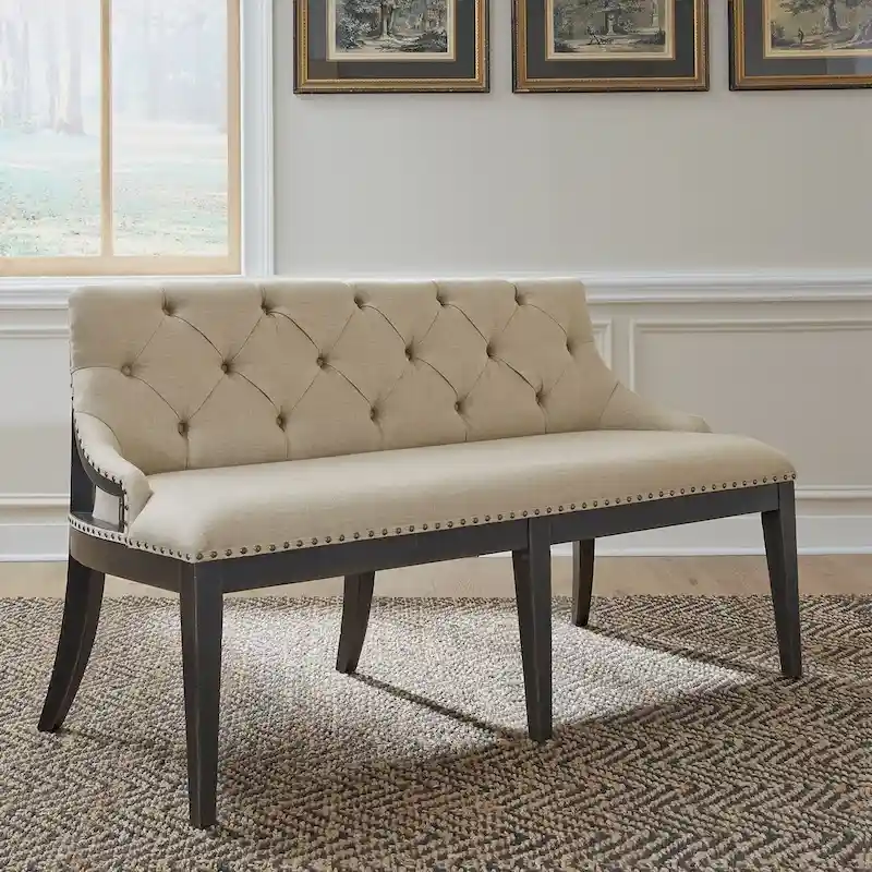 Americana Farmhouse Black Upholstered Shelter Dining Bench