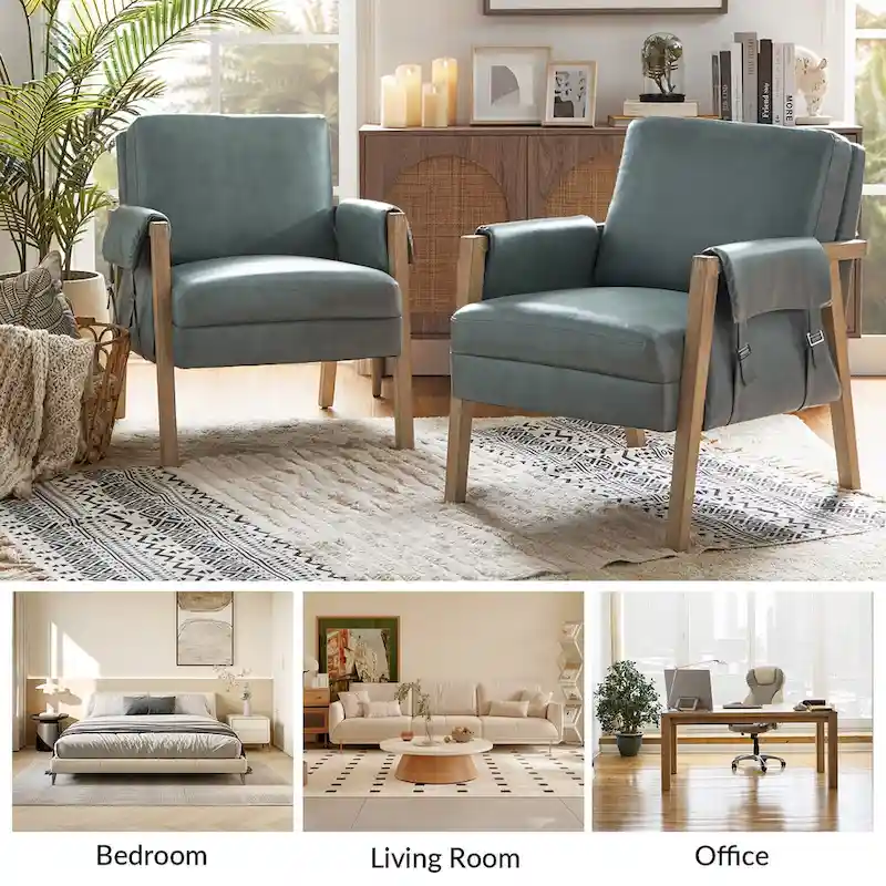 Olivia Farmhouse Faux Leather Accent Chair with Solid Wood Legs Sets of 2 by HULALA HOME