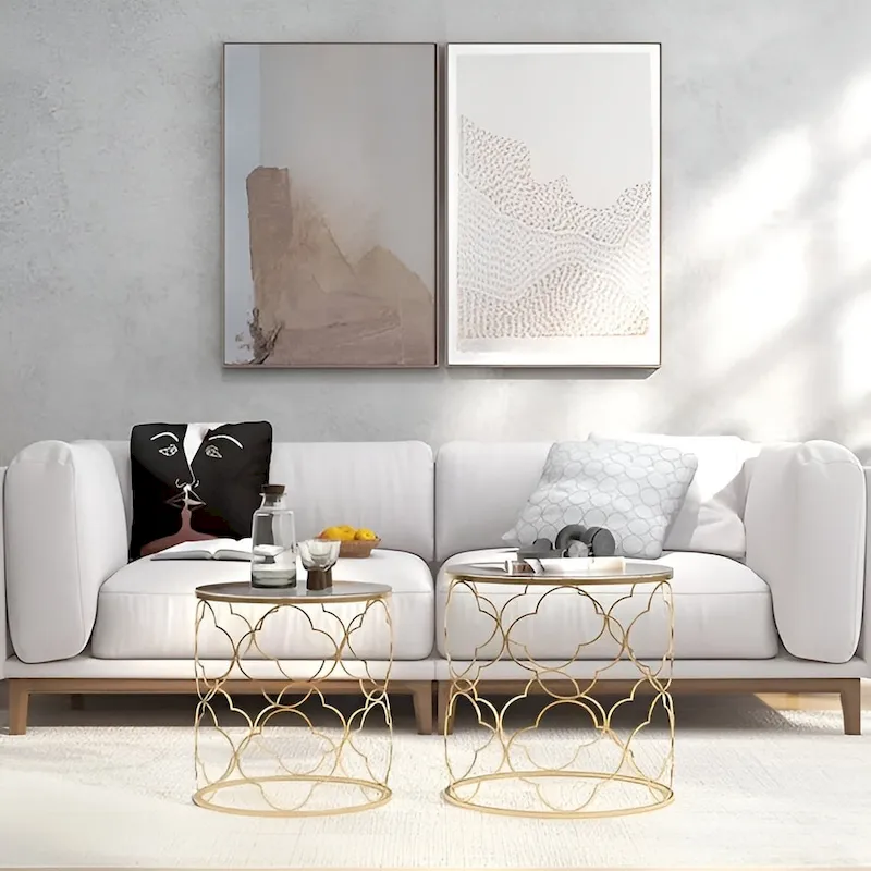 Coffee Table Set of 2 with Glass Top and Metal Wire, Round Side End Table