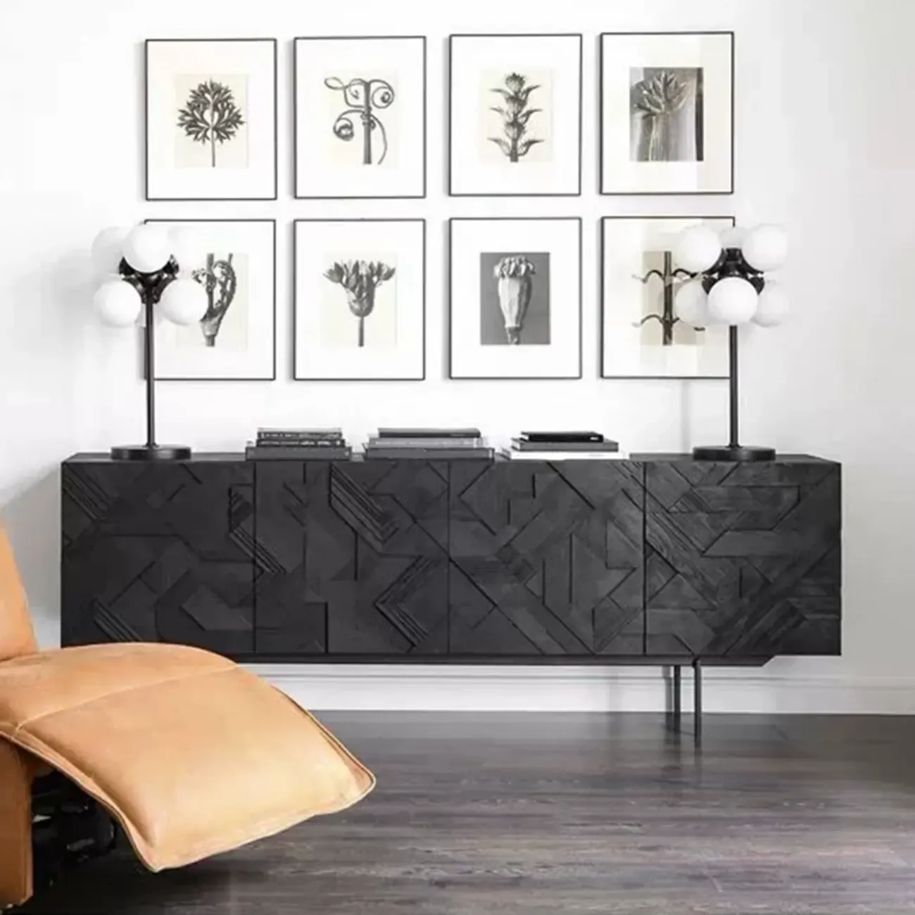 Modern Black Geometric Wooden Buffet Table with Cabinets