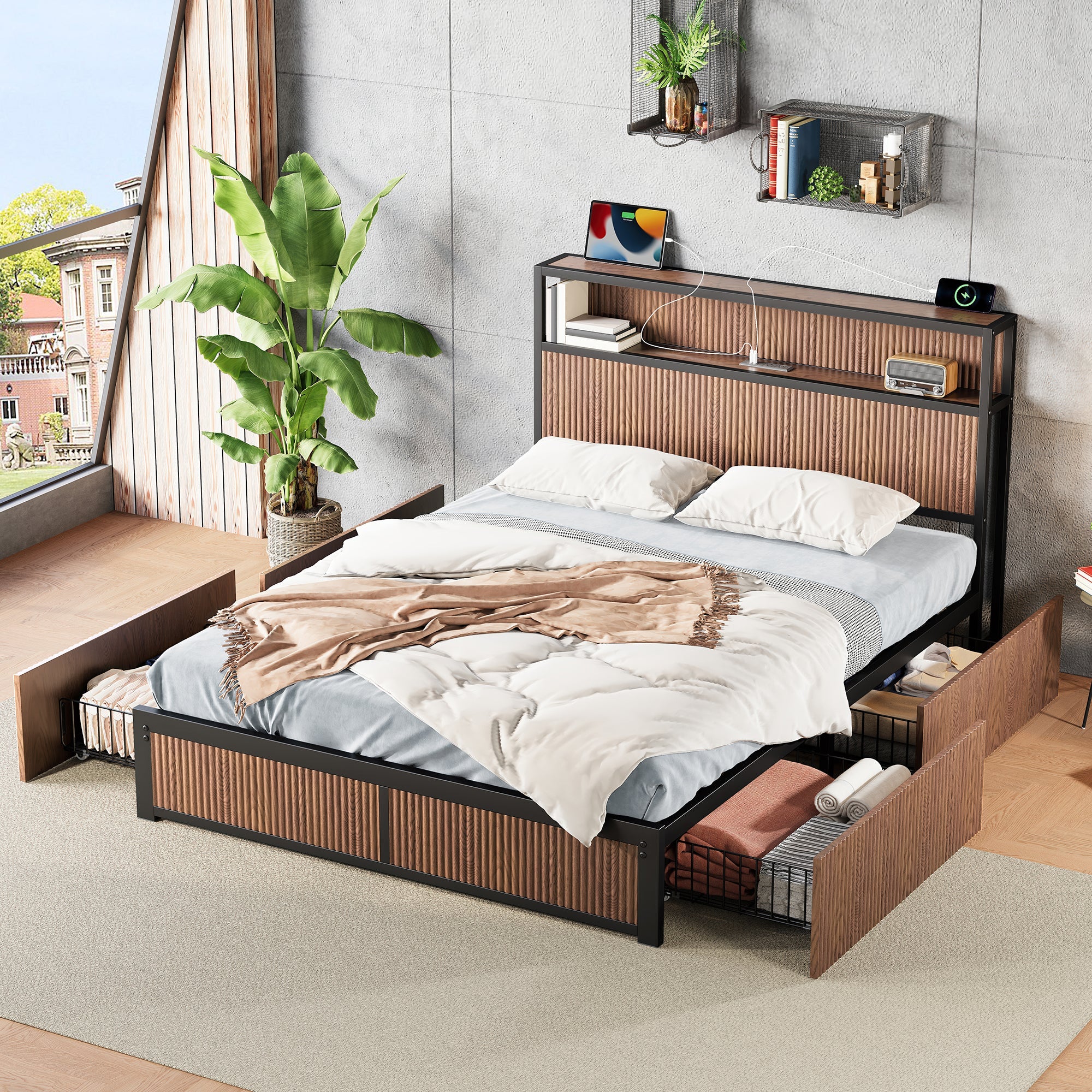 Walker Edison | Fluted Pattern Wood Queen Storage Bedframe