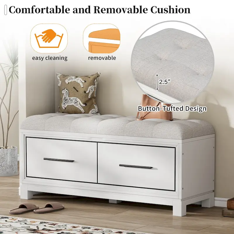 43 Shoe Bench with Removable Cushion & Lift Top Storage, Entryway Bench Wooden End of Bed Bench, Hidden Storage Space