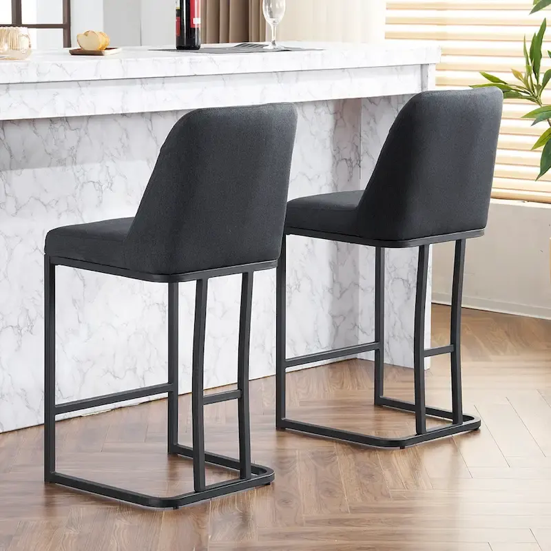 Upholstered Bar Stools Set of 2, Counter Height Bar Stools with Button-Tufted Backrest, Kitchen Island Chairs with Metal Frame