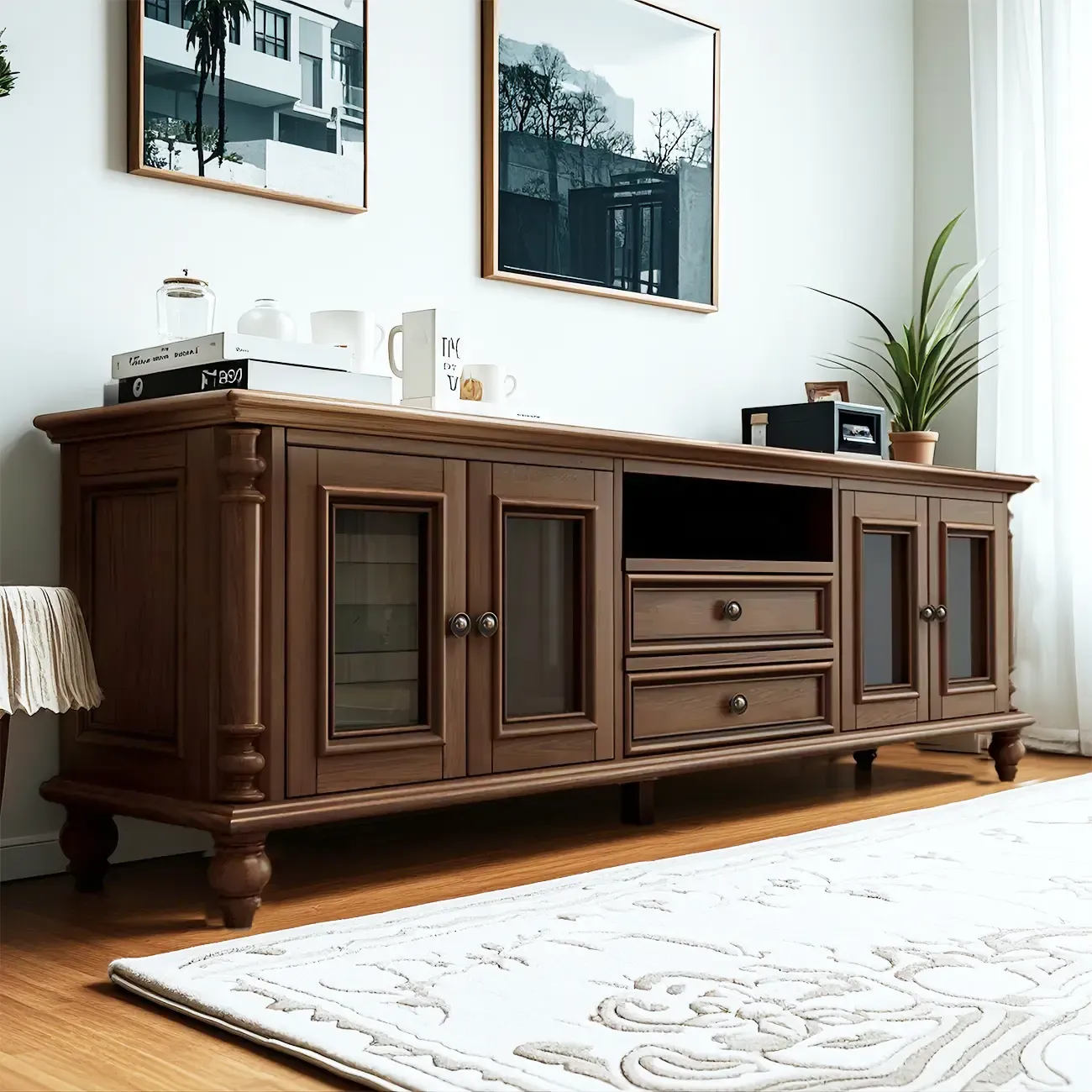Long Traditional Brown Wooden TV Stand with Cable Management