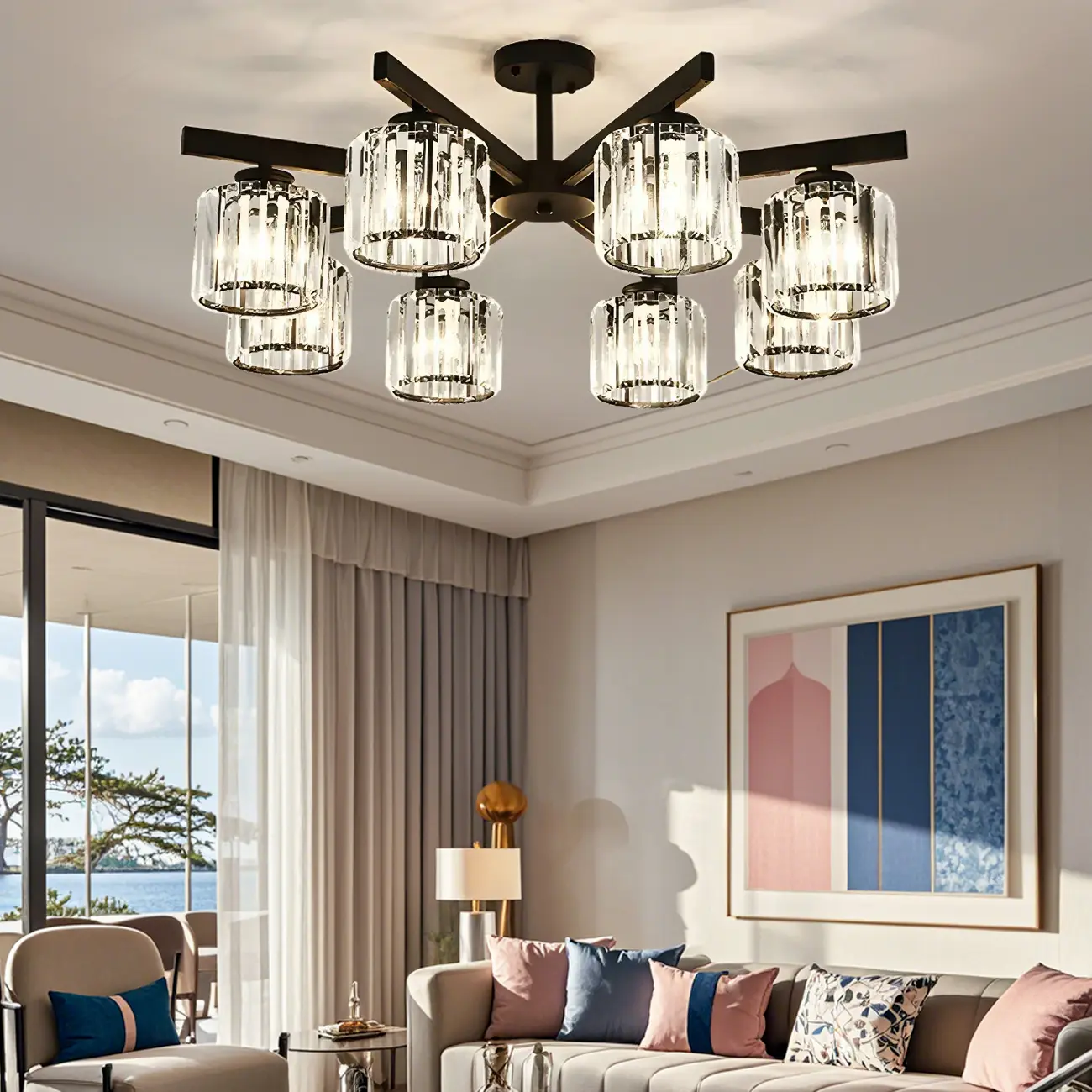 Modern Large Black Cylinder Crystal Semi Flush Ceiling Light