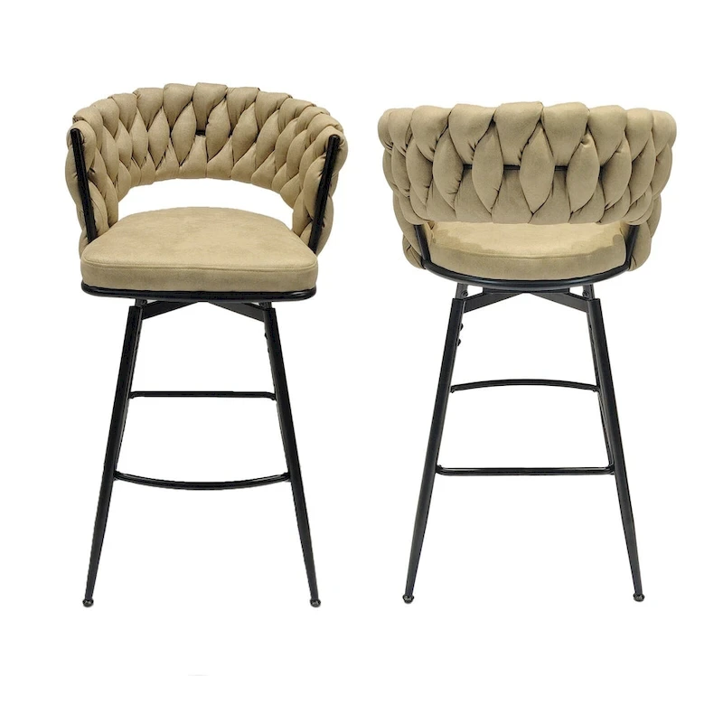 2 Woven Bar Stool,Black Legs No Adjustable Chairs,360 Swivel Upholstered Bar Chair Counter Stool Arm Chairs With Back Footrest